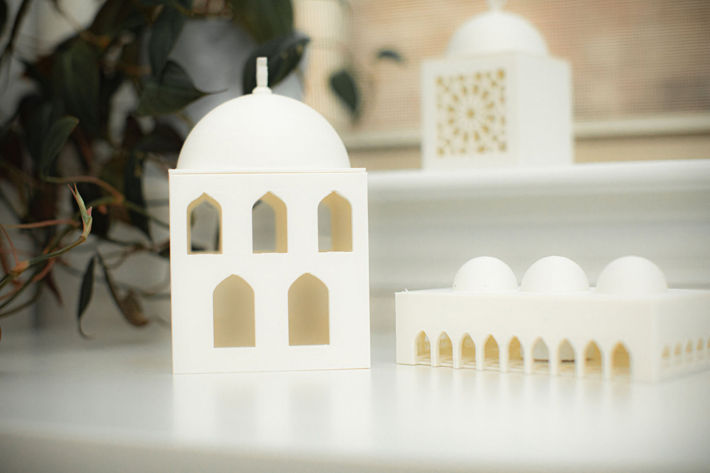 Set of 3 Islamic Home Decor - Mini Arched Masjid Lantern Boxes | Al-Noor Collection - Madinah Mansion, Qubba Courtyard, and Girih Palace