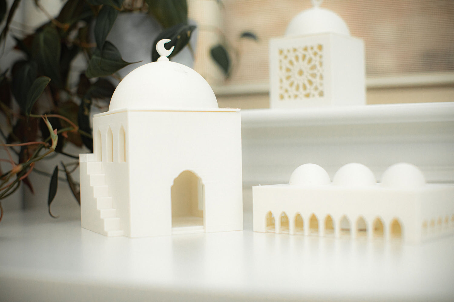 Set of 3 Islamic Home Decor - Mini Arched Masjid Lantern Boxes | Al-Noor Collection - Madinah Mansion, Qubba Courtyard, and Girih Palace